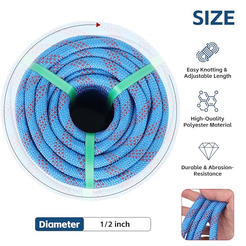 1/2in x 100ft Double Braided Arborist Rigging Rope, 48 Strands Polyester 8000LBS Heavy Duty Climbing Bull Rope for Tree Swing Rappelling Rescue Camping - size: 1/2in x 100ft, style: Blue
