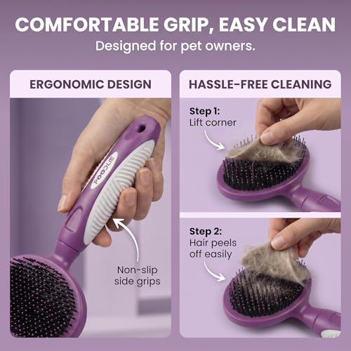 Round Bristle Pet Brush for Dogs and Cats - Soft Dog Brush for Grooming Short or Long Hair - Gentle Tool for Sensitive Skin Removes Dander, Dirt, and Detangles (Purple) - color: Purple