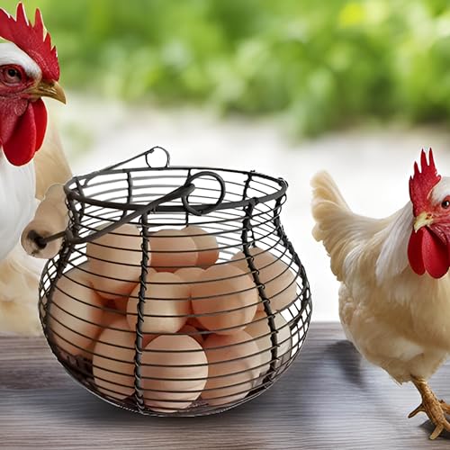 LINCOUNTRY. Farmhouse Wire Egg Baskets for Gathering Fresh Egg With Handle | Famhouse vintage rustic Round Metal Chicken Egg Collecting Basket Countertop Holder Vintage Style for Kitchen