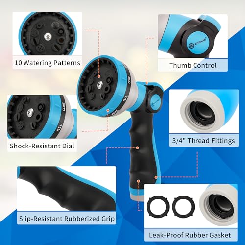 AUTOMAN Garden Hose Nozzle Sprayer - 10 Spray Patterns, 2 Pack Thumb Control Water Hose Nozzle Outdoor, Heavy Duty Spray Nozzles for Watering Garden, Cleaning Window, Washing Car, Showering Pets - color: Blue