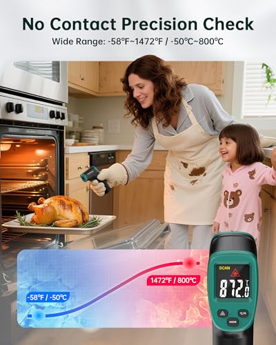 ROOKMAX Infrared Thermometer Gun, Non-Contact Laser, Adjustable Emissivity, Color LCD, -58°F to 1472°F (-50°C to 800°C), for HVAC, Cooking & BBQ, Automotive, Freezer - Dark Green - color: Color LCD