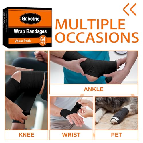 abotrie 64Pcs Self Adhesive Bandage Wrap, Black Athletic Tape, 2 Inx5 Yard | Elastic Self-Adherent Tape, Breathable Sports Wrap, Stretch Cohesive Bandage Wraps for Wrist Ankle Pet