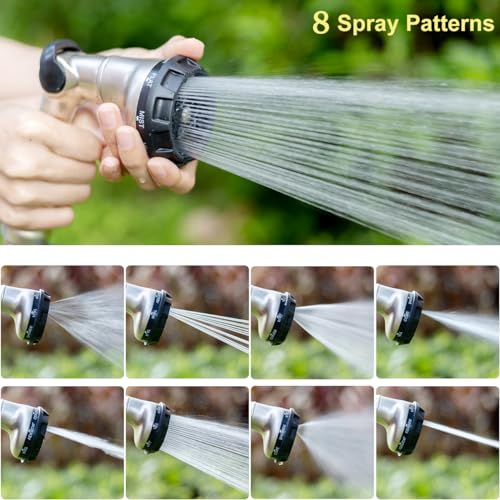 FANHAO Thumb Control Garden Hose Nozzle Heavy Duty Metal, 8 Spray Patterns | Rustproof Zinc Alloy Water Hose Sprayer, High Pressure, Non-Slip Ergonomic Grip for Lawn & Plant Watering, Car & Pet Washing - color: Silver