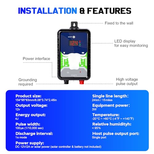 12KV DC AC Powered Electric Fence Charger, 15 Miles 4 Joules Pulse | Waterproof EF-03 Fence Kit for Livestock & Farm, Includes Warning Signs, LED Indicator, for Animals Poultry Ranches Gardens - color: Blue