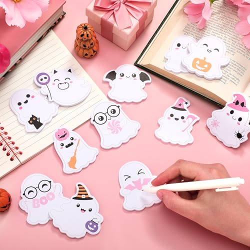 Yinder 24 Pads Kawaii Ghost Sticky Notes Fun Cartoon Memo for School | Cute Animal Designs with Cat Pumpkin Candy, Self Adhesive Memo Pad for Office Party Supplies, Bulk Gift for Students - style: Ghost