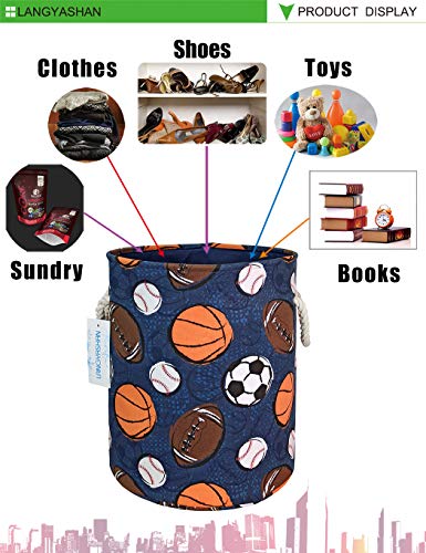 Round Thick Navy Ball Game Laundry Basket Collapsible Organizer Boys Girls | Canvas Foldable Storage Hamper Sturdy Rope Handles for Household Gift Baskets Bedroom Clothes Toys Children Nursery - color: Navy Ball Game
