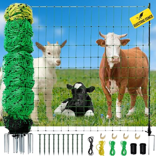 Electric Fence Netting, 164'L x 35.4" H Movable Livestock Nets for Sheep, Hogs, Cattle, PE Net Fencing Kit with 14 Posts Double Spiked, Electric Fencing for Backyards, Homesteaders, Farms Ranches - size: 164'L x 35.4"H