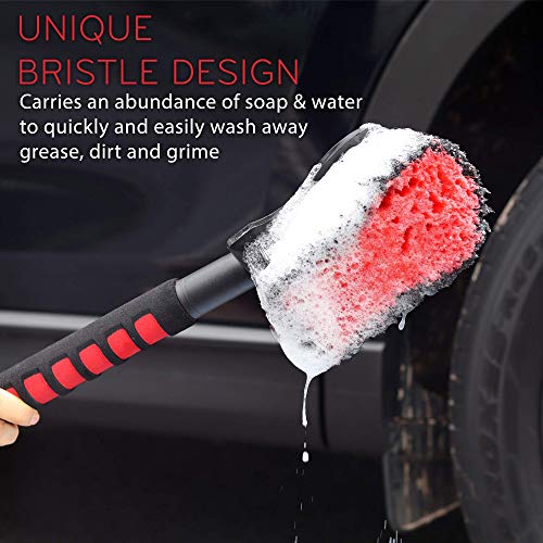 TAKAVU 17.5in Tire Brush, Soft Bristle Long Handle, Scratch-Free (Red) | Scrubs Sidewalls, Brake Dust & Wheel Wells on Cars, Trucks, RVs & Mats, Safe for Chrome & Alloy Rims - color: Red