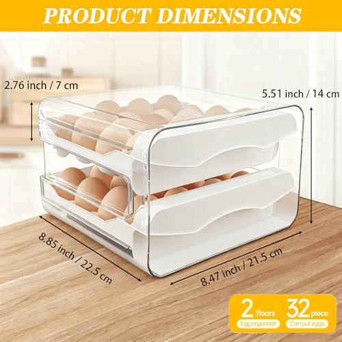2 Tier 32 Egg Holder for Fridge Egg Organizer Clear Egg Tray | Eggs Storage with Drawer,Eggs Container with Handles,Space Saving,Countertop Kitchen Baking