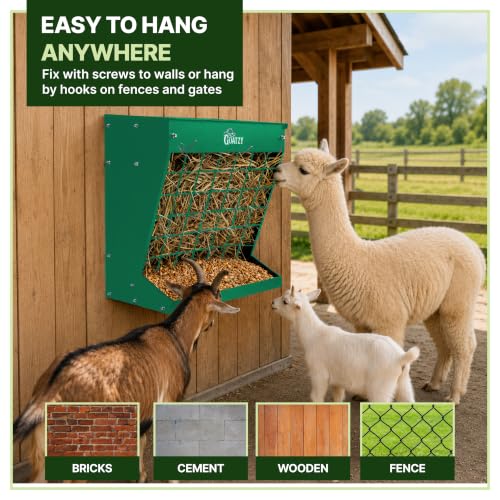 Wall Mount Hay Rack And Hay Feeder For Goats Sheep And Horses, Covered Galvanized Steel Goat Hay Feeder With Hinged Roof, 25 Gallon 2-In-1 No Waste Hanging Holder Grain Bin with hook For Cattle - color: Green