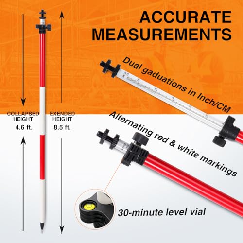 Surveying Aluminum Prism Pole, with Adjustable Adapter and Twist Lock for Land Surveying (8.53 FT/2.6 M) - size: 8.53FT/2.6M