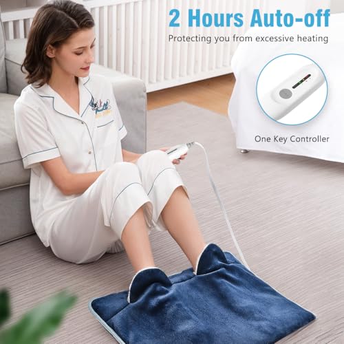 Electric Heated Foot Warmer Soft Flannel Foot Heater with 2h Auto Off & 3 Heat Levels Full Body Use Heating Pad for Feet Pain Relief, Pocket Design 16" x 22", Navy Blue - color: Navy Blue