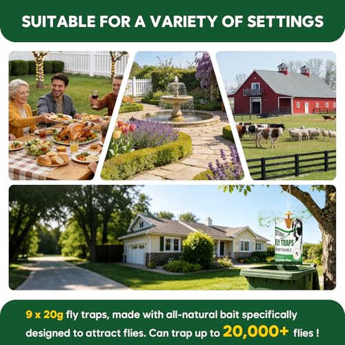 9 Pack Outdoor Hanging Fly Traps, Disposable Water-Activated Fly Catchers for Patio, Yard, Garden, Barn, Ranch, Stable, Campsite & Garbage Areas