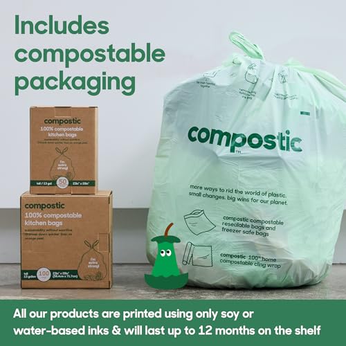 Compostic Compostable 13 Gallon Trash Bags, 100 Ct, Extra Strong | Fits 13 Gallon Bins, Extra Strong & Tear-Resistant, Home Compostable, Unscented, BPA & GMO Free - size: 100 Count (Pack of 1), style: Tall 13 Gallon