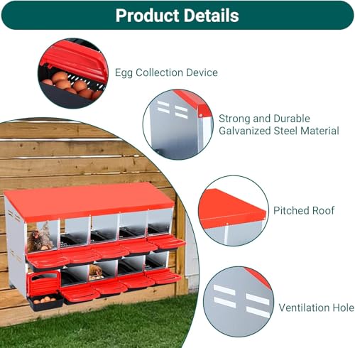 Chicken Nesting Box, 10 Compartments Roll Away Eggs Laying Boxes, Cleanable Pull Out Hen Roosting Boxes, Durable & Easy to Install, Red - color: Red, size: 10 holes