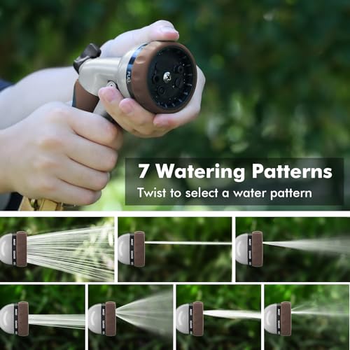 RESTMO Garden Hose Nozzle, Heavy Duty Metal Water Hose Nozzle with 7 Adjustable Spray Patterns, High Pressure Hand Sprayer with Flow Control, Best for Watering Plant & Lawn, Washing Car & Pet, Brown - color: Brown