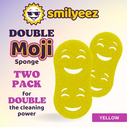 Smilyeez Double-Size Scrub Moji Sponge 2-Pack – Dual Smiling Faces, Temperature-Responsive Scrubber – Scratch-Free, Odor & Stain Resistant – Yellow - color: Yellow Double Moji
