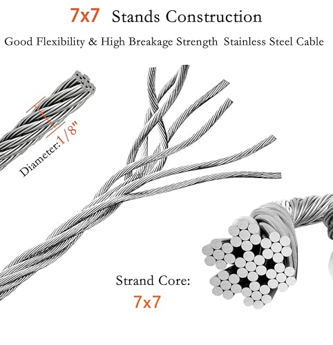 1/8 Inch Stainless Steel Wire Rope Kit, 7x7 Strands, 165 ft Length, With Cable Cutters, Sleeves, Thimbles, Clips, For Climbing Plants, Deck Railing, Fencing, Outdoor Hanging - size: 165FT | With Cutter