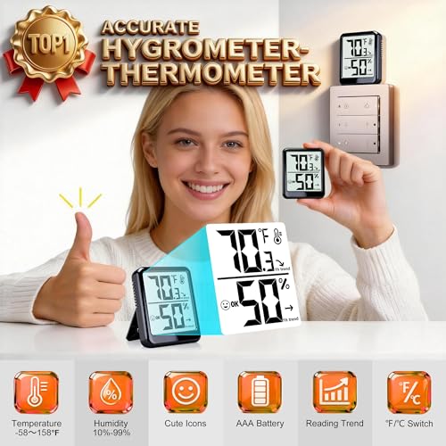 Room Thermometer Indoor Hygrometer Digital Humidity Meter | Accurate Sensor, Fast Refresh, Big Digits, Easy to View, ℉/℃, w/ AAA Battery, Compact for Home, Office, Pet, Plant - color: Black - Upgraded Version, size: 1 - Pack
