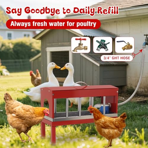 Automatic Chicken Waterer Stainless Steel with Hose Large Poultry Dispenser | Float Valve&Detachable Legs,Fits 3/4" GHT, No Mess 10 Drinking Holes, Rust-Proof, For Chickens, Ducks,Geese & Turkeys