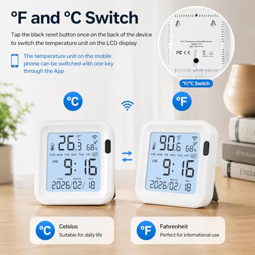 WiFi Temperature Humidity Monitor: Upgraded Smart Temperature and Humidity Sensor with Large Backlit LCD Screen & App Alerts, Indoor Thermometer Hygrometer Compatible with Alexa Google Assistant