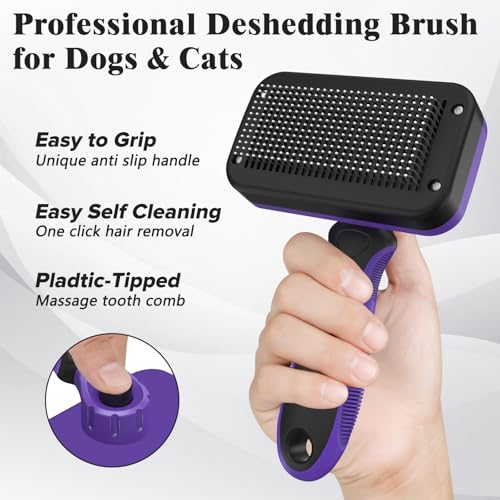 2PCS Self Cleaning Slicker Brush & Dog Comb - Skin Friendly Deshedding Grooming Tool for Dogs, Cats and Small Animals, Professional Deshedding Dematting Tool for Long and Short Haired Pets (Purple) - color: Purple