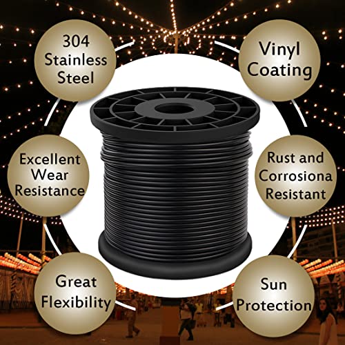 Vinyl Coated Wire Rope 304 Stainless Steel Coated Wire Cable-Black, 1/16" OD to 3/32" x 200FT, with 60 Pcs Crimping Sleeves-Cable for String Lights, Suitable for Clotheslines - size: 200FT