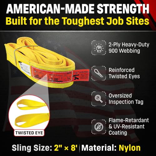 DD Sling (USA Made). 2" wide X (4' to 20' lengths) in Listing! 2 Ply Twisted Eye, Nylon Lifting Slings, Eye & Eye, Heavy Duty (900 webbing), 6,400 lbs Vertical, 5,100 Choker, 12,800 Basket Load Capacity (2inX8ft) - size: 2 in x 8 ft