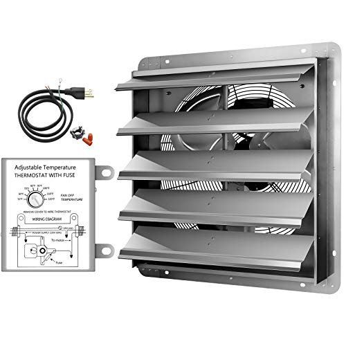 Simple Deluxe 20 Inch Wall Mounted Shutter Exhaust Fan with Temperature Controller and Power Cord Kit, Aluminum, 1200 RPM, 3368 CFM, for Attic, Garage, Louvered Vent, Plant, Greenhouse, Silver - size: 20 Inch