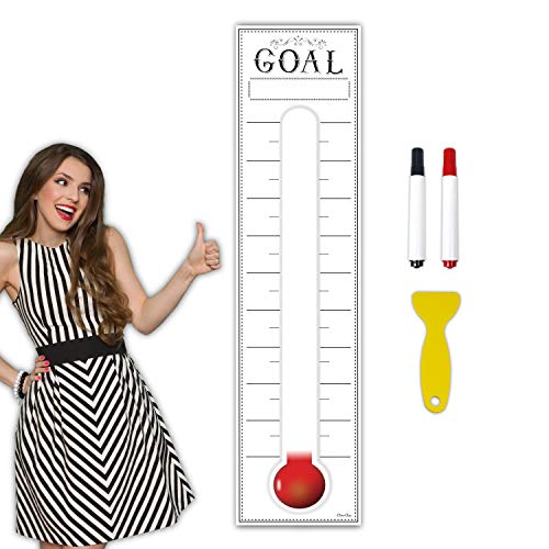 Goal Setting Fundrasing Thermometer - 48"x12" Dry Erase Self-Adhesive Goal Tracker - Poster Charts for Home, School and Office - color: White B