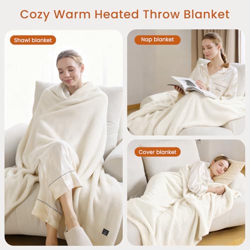 Heated Throw Blanket with Built-in Button Controller 50"x60" Electric Blanket with Soft Flannel Sherpa Fleece 4 Heat Settings 4-Hour Auto Shut Off Overheat Protection for Couch Bed and Office - color: White, size: Throw