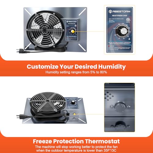 Abestorm 540 CFM Crawlspaces Ventilation Fan with Humidistat 8.7 Inch | Stainless Steel Vent Fan Digital Panel, Temperature Controller with Humidistat for Attic with Isolation Mesh, IP 55 Rated - color: Silver