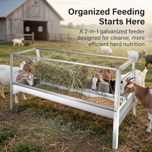Hay Feeder, Goat Sheep Cattle Feeder, Livestock Hay Rack, Heavy Duty Livestock Feeder with Anti-Waste Grid, Dual-Compartment Metal Farm Feeding Trough for Outdoor Use