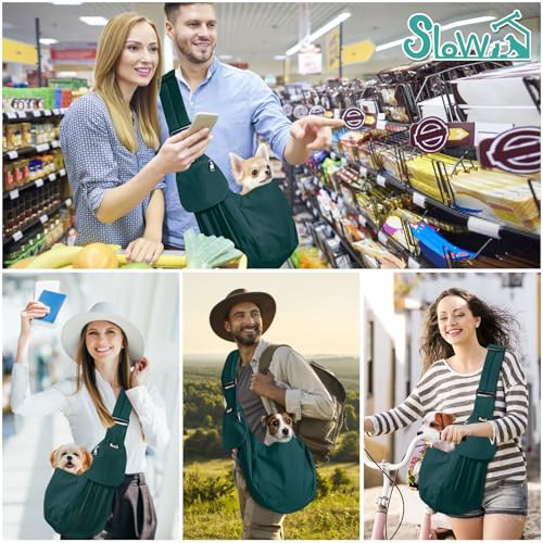 SlowTon Dog Carrier Sling - Thick Padded Shoulder Strap Adjustable, Green S | Dog Carriers for Small Dogs, Puppy Carrier Purse for Pet Cat with Front Zipper Pocket Safety Belt Machine Washable - color: J-Green Cotton Fabric