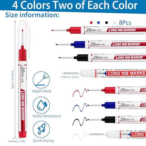 8 PCS Long Head Deep Hole Marker Pens,20mm Long Nib Marker, Longs Nose Markers, Waterproof Construction Markers Marking Tool,Permanent Markers Carpenter Ink marker Pens,Metal marking Pens - color: 8PCS-20MM-Red/White/Blue/Black
