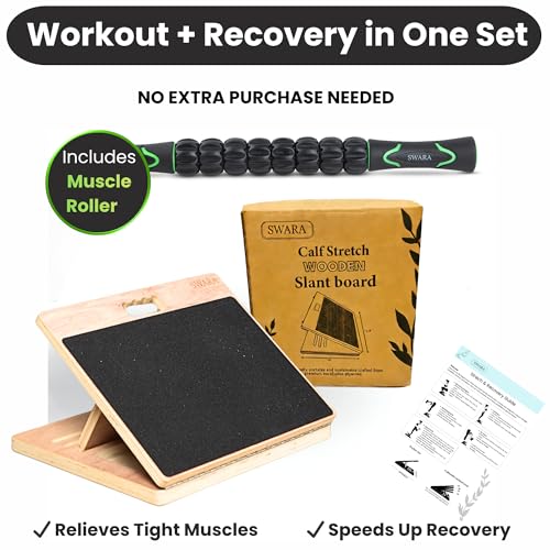 Swara 14″ Wide Wooden Slant Board for Calf Stretching & Exercise, Foldable | Adjustable incline board with thicker base, guide and bonus muscle roller; beginner-friendly, stable design, 400 lb capacity - size: 14x14 Inch