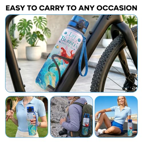 Mermaid 32oz Water Bottle with Time Marker, Cute Fairytale Ocean Design, Refillable Drinking Bottle with Lid Strap, Kawaii Gift for Women Teen Girls - color: Mermaid
