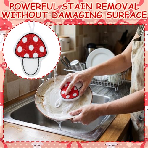 12 Pcs Red Mushroom Sponge Dish Scrubber Dual Sided Non Scratch Dish Washing Scrubbers Reusable Household Cleaning Kitchen Tools for Dishwashing Washing Dishes Cookware Tubs Sinks - style: Red Mushroom