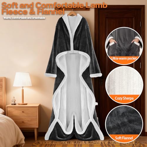 Wearable Heated Blanket With Sleeves & Foot Pocket, Heated Throw Blankets Fast Heating Blanket With 10 Heat Settings Auto Shut Off Over-Heat Protection-Warm Gift, Machine Washable, 52”*72”+18” - color: Dark Gray