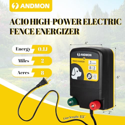 0.12 Joule Electric Fence, AC-Powered Electric Fence Charger for 2 Miles & 8 Acre Protection, Electric Fence Energizer Ideal for Gardens, Backyards & Small Livestock