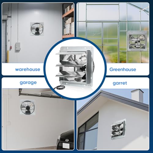 KEN BROWN 12 Inch Shutter Exhaust Fan, Gable Vent Fan, Wall Mount Ventilation, High Speed 1450 CFM, Automatic Aluminum Blades, for Garages, Shop, Greenhouse, Attic, with Power Cord - size: 12 Inch