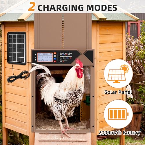 Automatic Chicken Coop Door, 4 Modes LCD Display Chicken Coop Door Solar Powered with Timer & Light Sensor, Aluminum Alloy Automatic Chicken Door with Anti-Pinch, IPX4 Waterproof - color: Brown