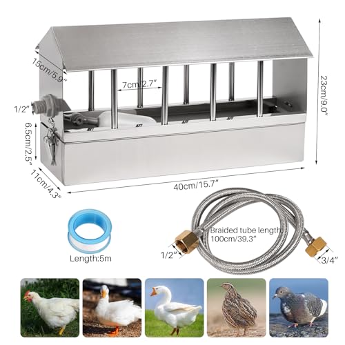 Automatic Chicken Waterer Stainless Steel Large Metal Chicken Waterer System Poultry Waterer Dispenser with Float Valve Kit Hose Accessories for Pigeon, Duck, Goose