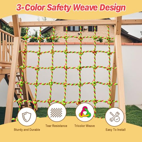 Climbing Net, 3.3ft X 9.9ft Polyester Climbing Cargo Net for Kids Outdoor, Heavy Duty Large Military Playground Equipment, Rope Ladder, Swingset, Indoor & Outdoor, Treehouse, Jungle Gyms - size: 3.3ft X 9.9ft