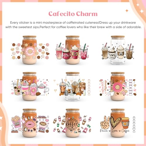Kaciola 10 Sheets UV DTF Cup Wraps for 16 oz- Coffee Theme UV DTF Stickers, 1 Sheet Mysterious Pattern Transfer, Rub on Transfers Stickers for 16 oz Libbey Glasses Crafting - style: Coffee
