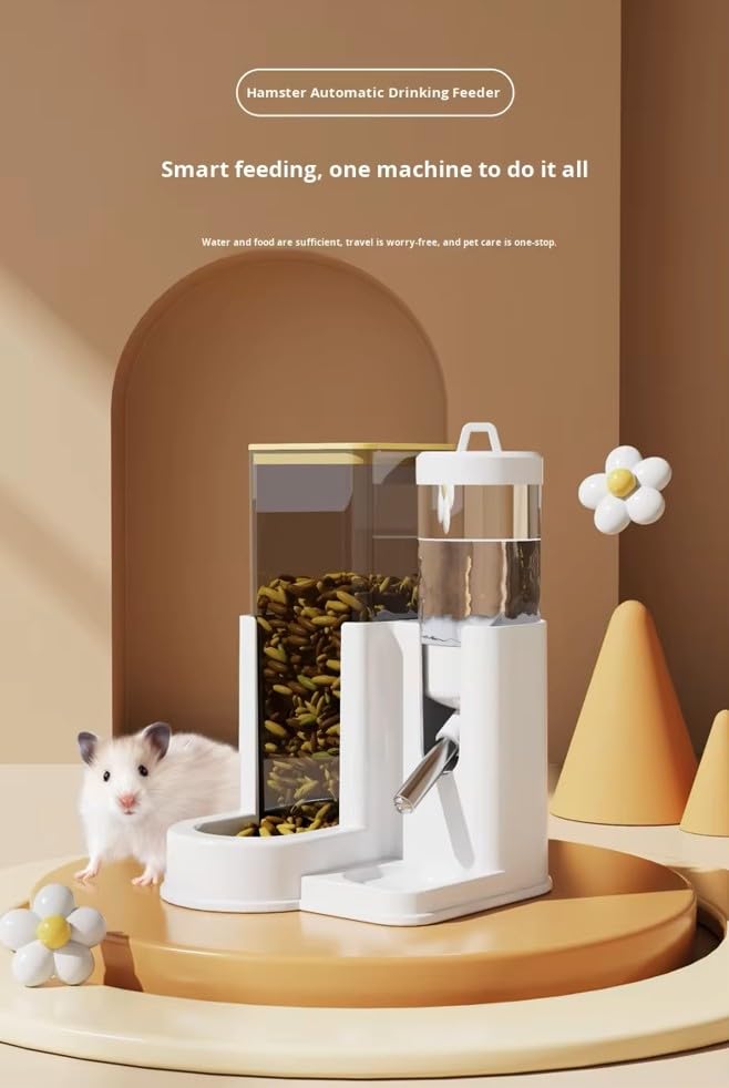 2 in 1 Automatic Hamster Feeder and Water Dispenser, No Drip Small Animal Water Bottle with Stainless Steel Nozzle, Gravity Food Feeder for Hamster, Guinea Pig, Mouse, Dwarf Bunny, Rodent Cage