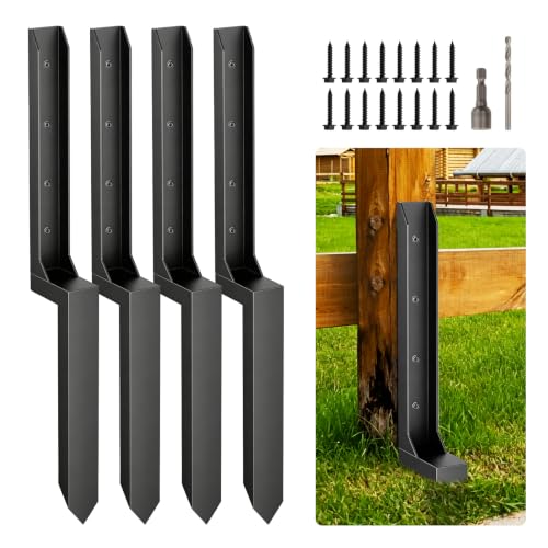 4 Pcs Fence Post Repair Kit,4×4/6x6 Fence Post Support,Heavy Duty Post Anchor Ground Spike with One-Piece Steel Anchor & Stakes for Repair Tilted, Broken Wood Fence Post - size: One-Piece