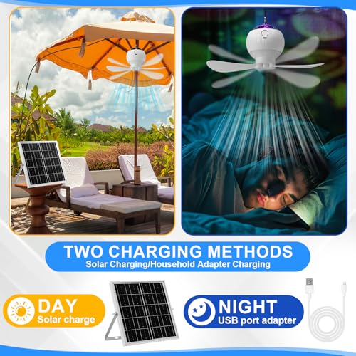 1 Set Solar Powered Ceiling Fan with Light for Camping Rechargeable 10'' Small USB Portable Hanging Fan with Star Projection 10w Solar Panel, 3 Speeds for Tent Rv Bed Gazebo Greenhouse