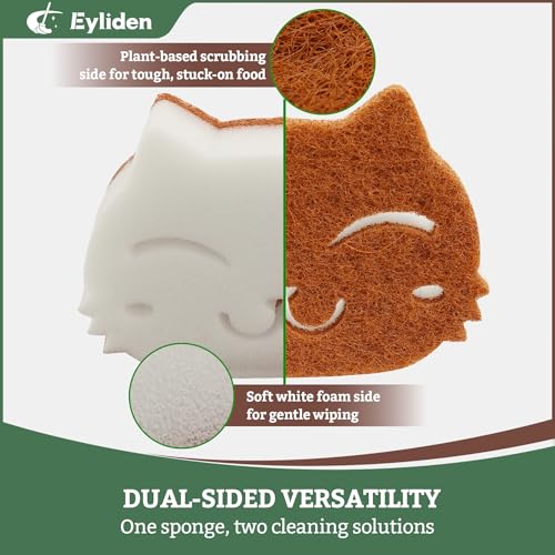 Eyliden Cat Scrub Sponges, 6 Pack, Plant-Based, Dual-Sided | Dish Sponges for Kitchen & Bathroom, Non-Scratch Cleaning for Dishes, Pots, Pans, Glassware