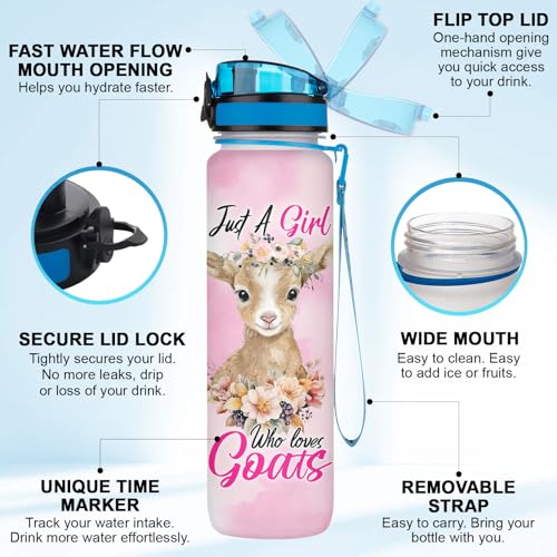Just A Girl Who Loves Goats 32oz Water Bottle with Time Marker, Cute Funny Goat Farm Animal Gift for Women, Leakproof Lid with Strap, Daily Motivation Hydration Bottle - color: Goat